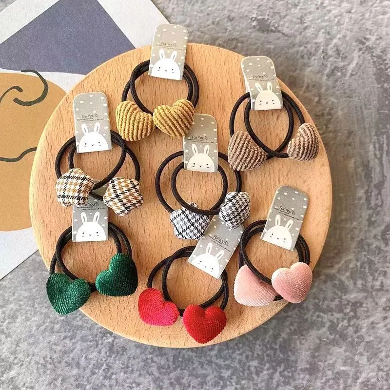 Color: GRAY - 2pcs Velvet Heart Plaid Star Button Elastic Hair Bands Rubber Hair Rope Tie Girls Hair Scrunchie Ponytail Holder Gum Accessories
