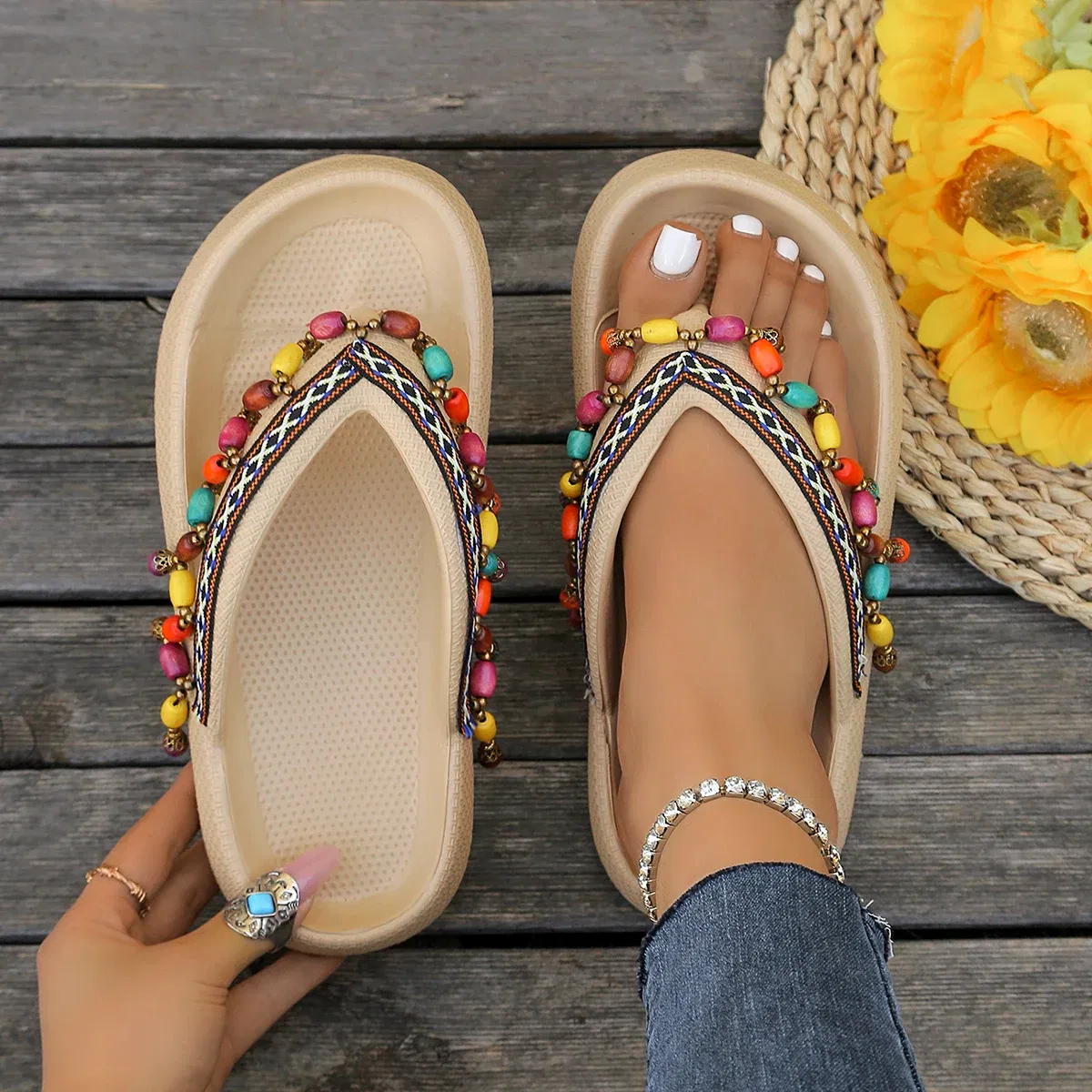 Color: Bronze, Shoe Size: 44-45 - Summer Multi Color Women's Flip Flops Fashionable Metallic Teddy Bear Bow Slide Sandal Beach Vacation Home Versatile  Footwear