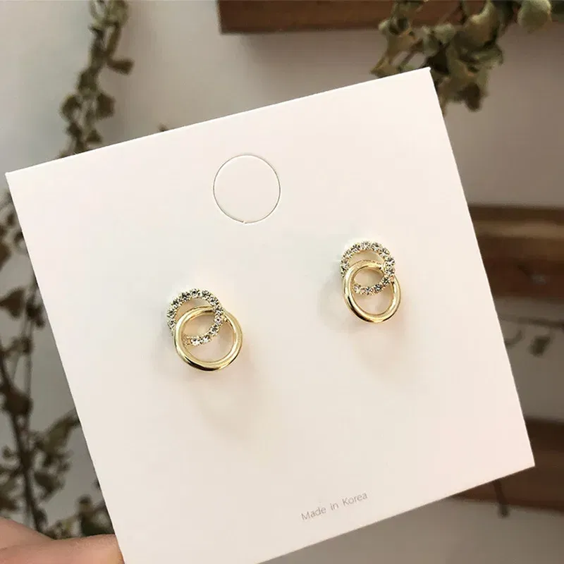 Metal Color: Deep Purple - 2023 Korean Simple Double Circle Gold Color Metal crystal Stud Earrings For Women Fashion Exquisite Jewelry Best Friend Gifts