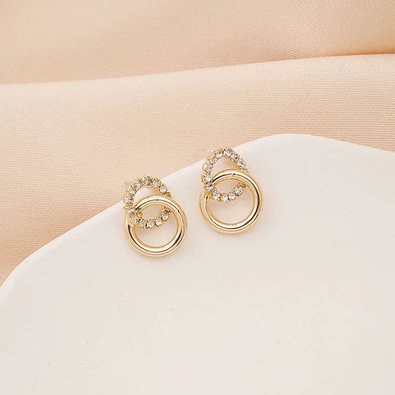 Metal Color: Deep Purple - 2023 Korean Simple Double Circle Gold Color Metal crystal Stud Earrings For Women Fashion Exquisite Jewelry Best Friend Gifts