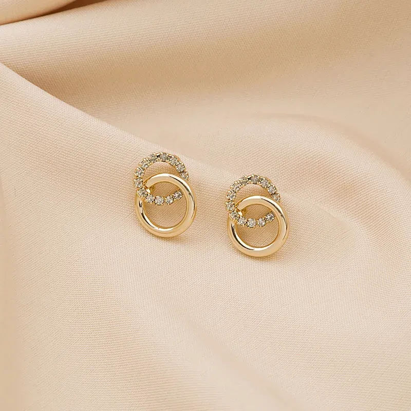Metal Color: Deep Purple - 2023 Korean Simple Double Circle Gold Color Metal crystal Stud Earrings For Women Fashion Exquisite Jewelry Best Friend Gifts