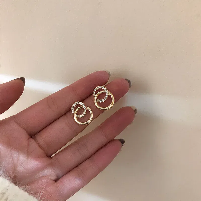 Metal Color: Deep Purple - 2023 Korean Simple Double Circle Gold Color Metal crystal Stud Earrings For Women Fashion Exquisite Jewelry Best Friend Gifts
