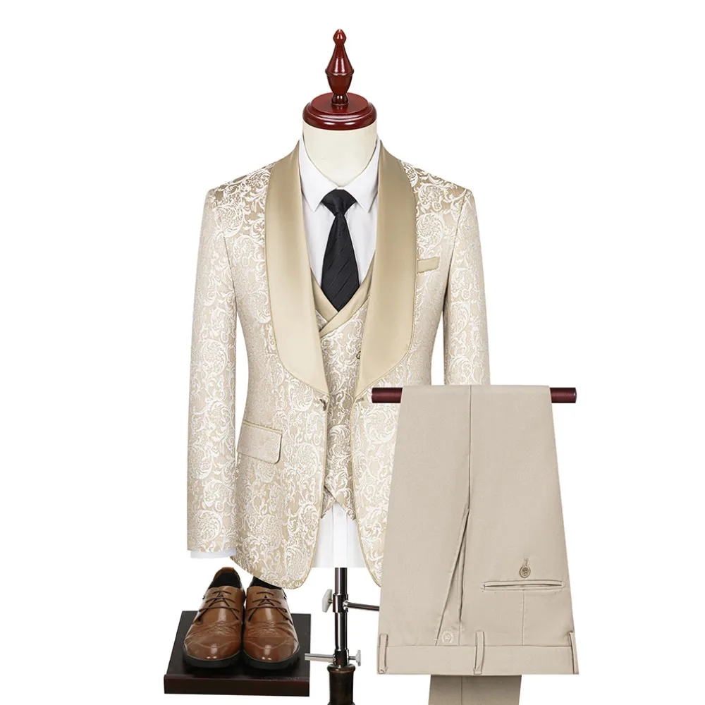 Color: Beige, Size: XS - New fashion jacquard beige suit slim single breasted elegant formal best man suit