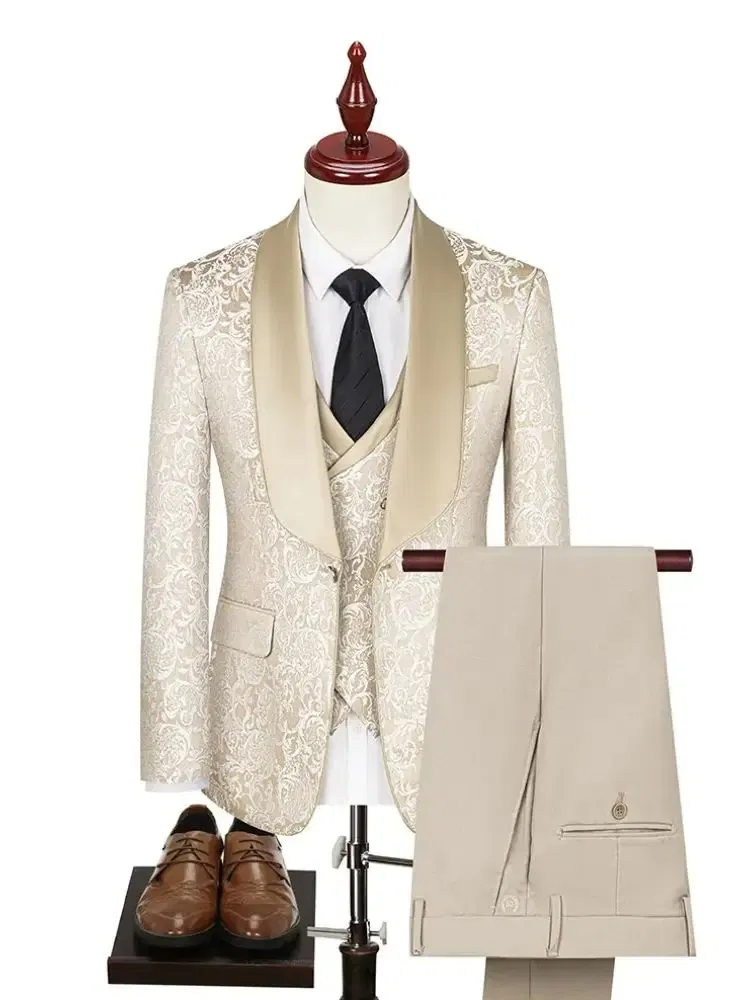 Color: Beige, Size: XS - New fashion jacquard beige suit slim single breasted elegant formal best man suit