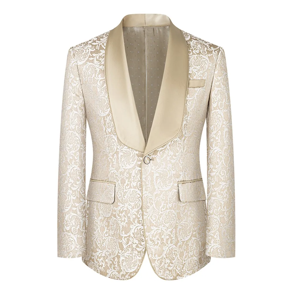 Color: Beige, Size: XS - New fashion jacquard beige suit slim single breasted elegant formal best man suit