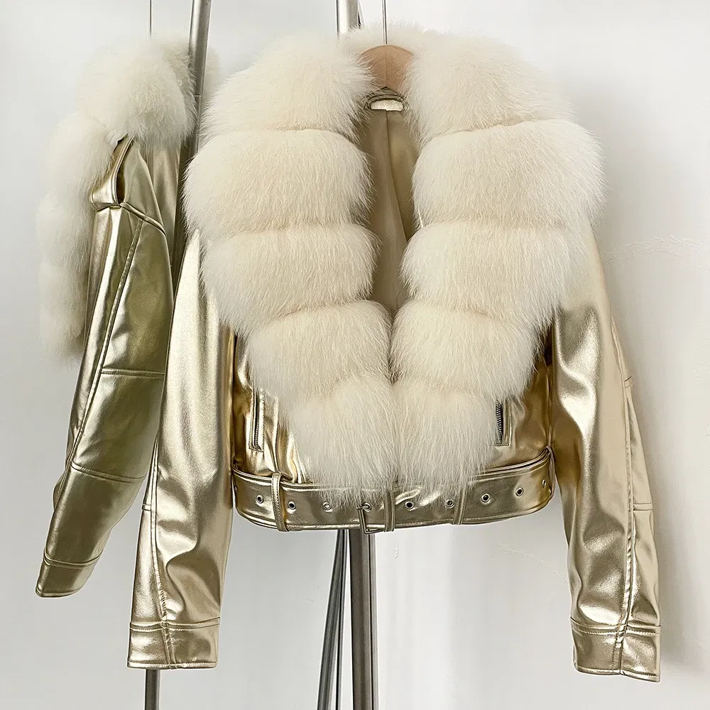 Color: Mint, Size: XS - Fake Leather Coat New Natural Fox Fur Autumn Short Faux Leather Jacket Female Spring PU Women Long Sleeve Real Fur Coat Thin