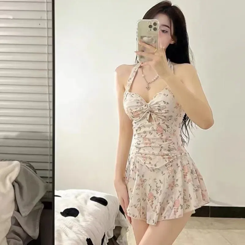 Color: GRAY, Size: S - Women Korean Sexy One Piece Swimsuit Tummy Control Slimming High Waisted Bathing Suit Hot Spring Beachwear Elegant Swimsuit