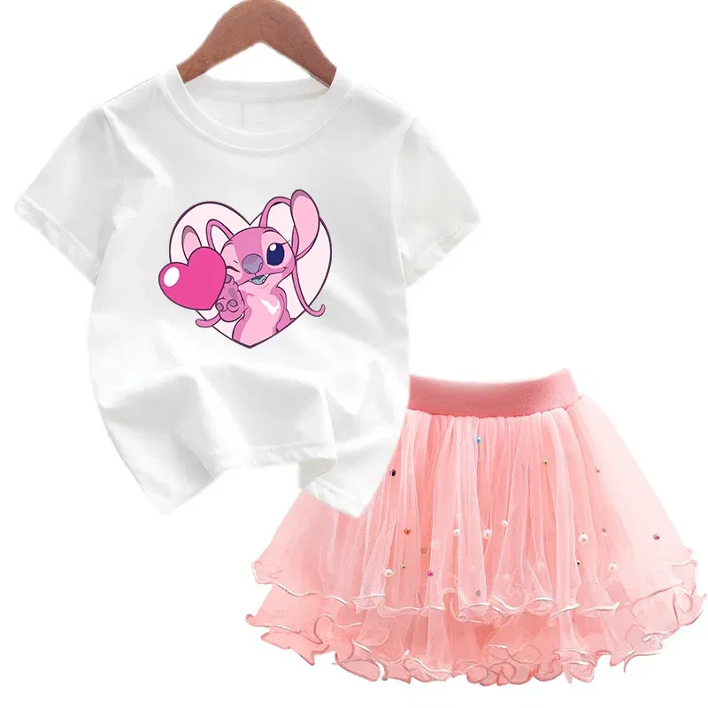 Color: SKY BLUE, Kid Size: 4T - 2pcs Lilo Stitch Summer Girls Outfits Cartoon T-shirt and Tutu Skirt Princess Clothes Suit Children Birthday Clothing Sets