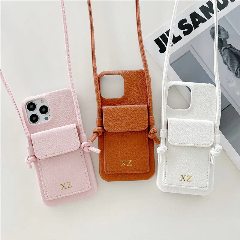 Color: pink, Material: Carbon Fiber - Personalized Gold Silver Letters Leather PU Card Holder Lanyard Hard Case For iPhone 14 13 12 11 15 Pro Max XS XR 16  Plus Cover