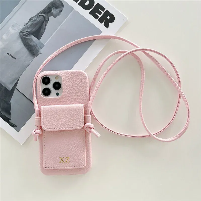 Color: pink, Material: Carbon Fiber - Personalized Gold Silver Letters Leather PU Card Holder Lanyard Hard Case For iPhone 14 13 12 11 15 Pro Max XS XR 16  Plus Cover