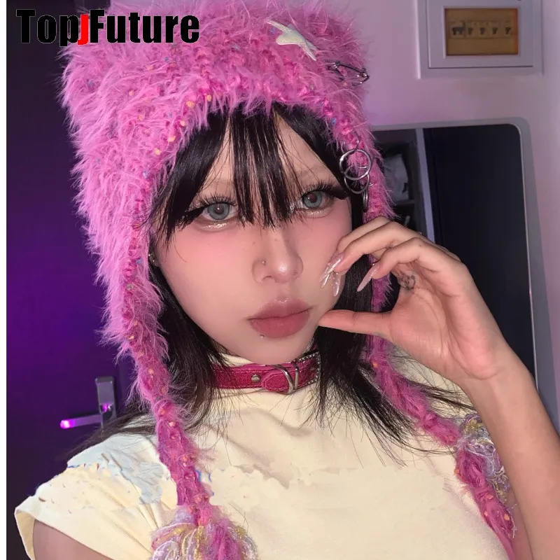 Color: green - Y2K girl Harajuku Gothic Lolita cat Ear Hat Women Punk Designer Winter Beanie Hat Gothic lolita  streetwear StarAccessories Cap