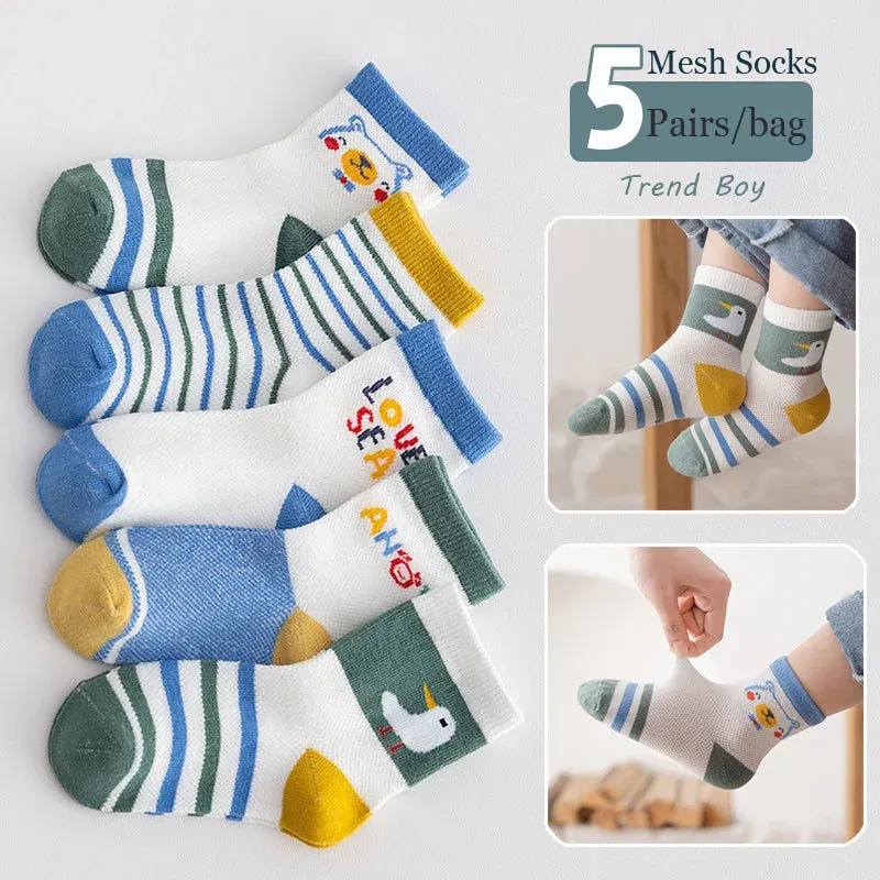 Color: GRAY, Size: 7-9T - Baby Socks Summer Mesh Socks Childrens' Summer Socks Breathable Cotton Socks for Boys 5 Pairs/lot