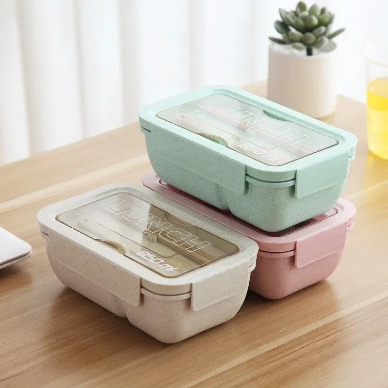 Color: Silver - 850/1100ML wheat straw lunch box bento box Microwave oven Students with lid canteen simple lunch box rectangular portable