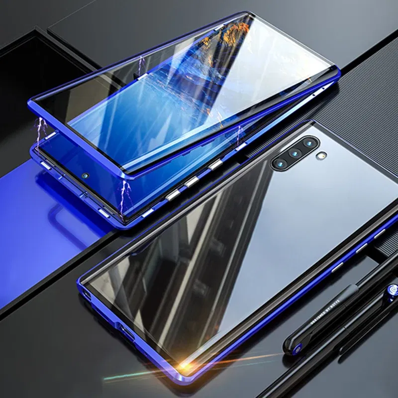 Color: Blue, Material: PC - Full Wrap Metal Bezel Case For Samsung Galaxy S23 S22 Ultra S21 S20 FE S24 Note 10 20 Lite Plus Double-Sided Glass Back Cover