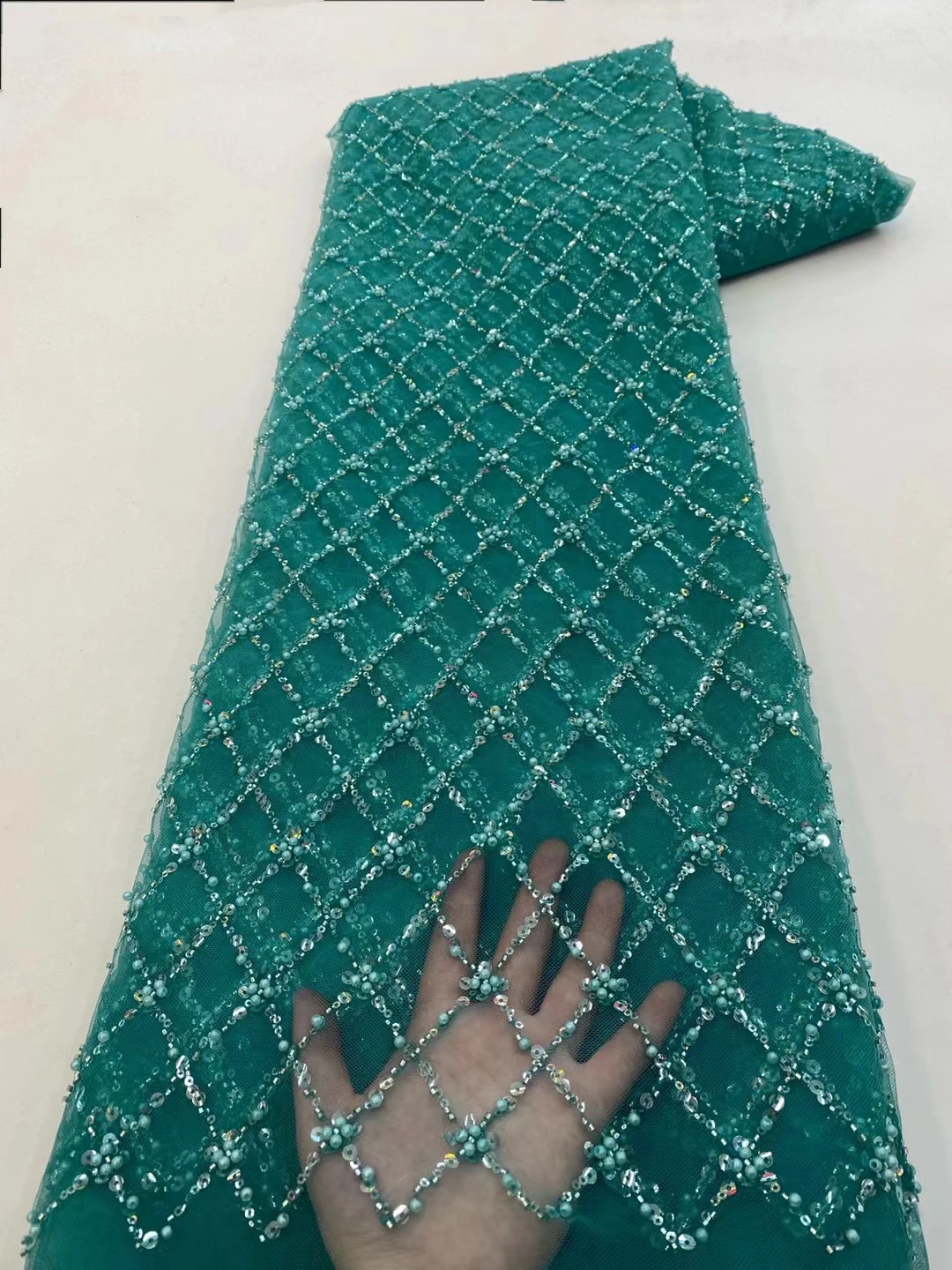 Color: Pink, length: 5 yards, Width: 120cm - African Lace Fabric 2024 French Beaded Lace Fabric Nigerian Sequins Embroidery Net Lace Fabrics For Bridal Party Dresses