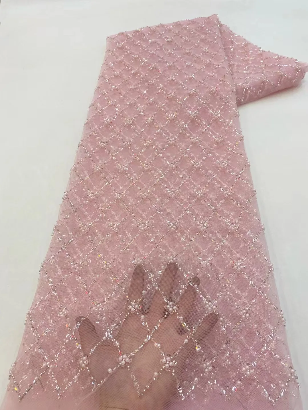 Color: Pink, length: 5 yards, Width: 120cm - African Lace Fabric 2024 French Beaded Lace Fabric Nigerian Sequins Embroidery Net Lace Fabrics For Bridal Party Dresses