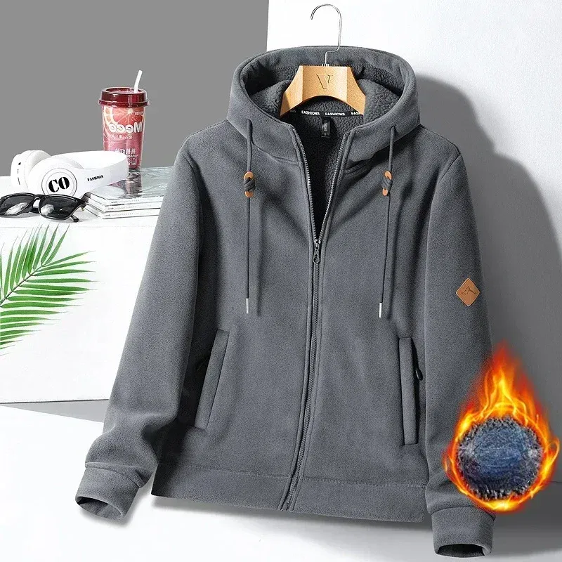 Color: GRAY, Size: M - Winter Warm Cashmere Jacket Mens High-end Ski Fleece Iined Thickened Hoodie Coat Casual Womens Outdoor Camping Cold-proof Jacket