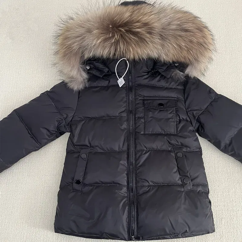 Color: Orange, Kid Size: 6 - Kids Winter Down Jacket Shiny Real Raccoon Fur Collar Toddler Boys Hooded Coat Baby Girls Warm Snowsuit Children's Parkas