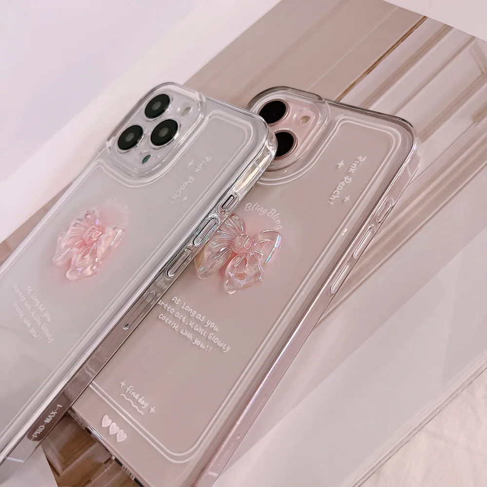 Material: PU, Color: WHITE - NEW 3D Bow Transparent Mobile Phone Case For IPhone 15 14 Plus 13 Pro Max 12 Pro 11 Stereo Crystal Candy Cute Full Soft Cover
