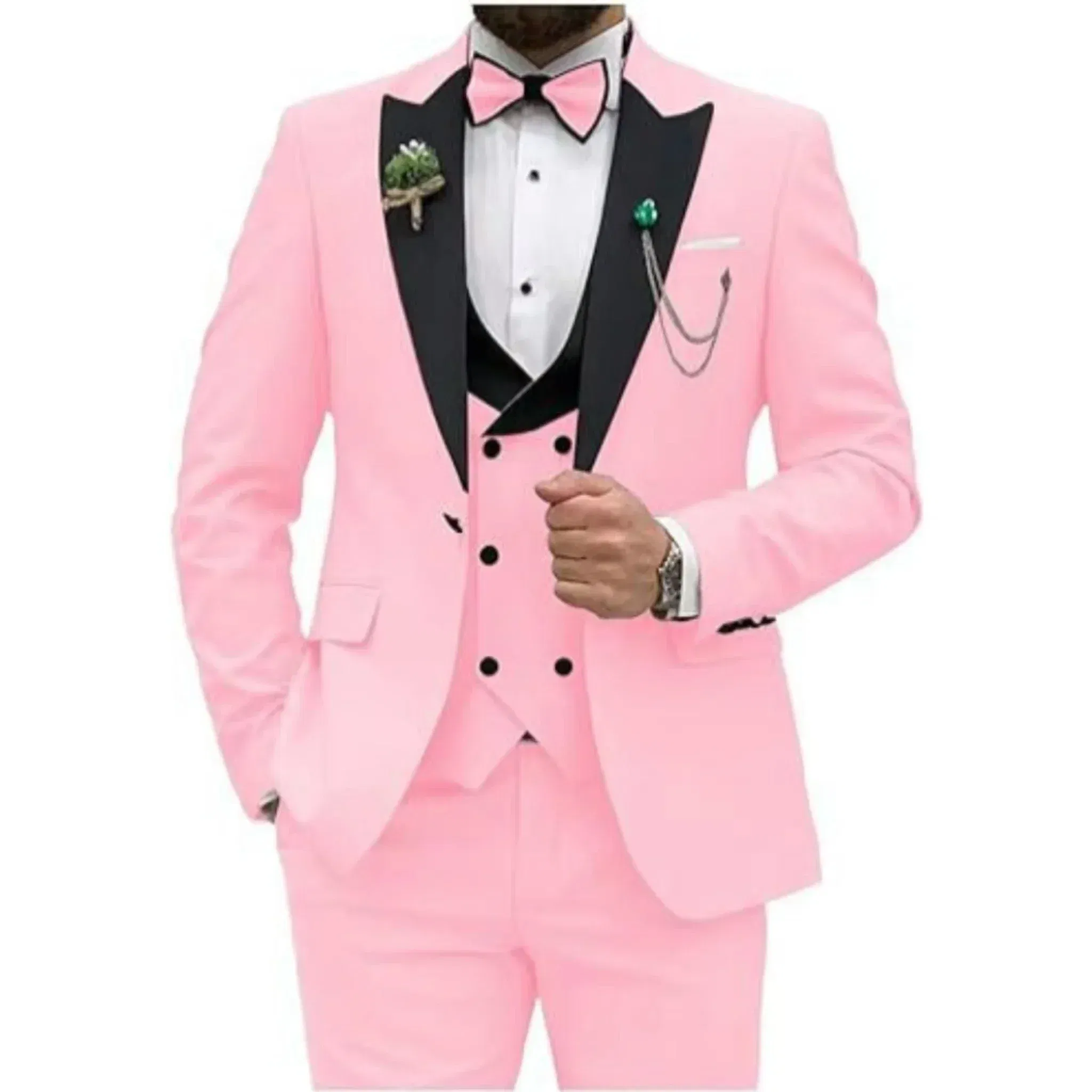 Color: Pink, Size: 6XL - Men Suit Colorful Luxury Blazer Vest And Pant Sets 3 Piece Birthday Dress Business  Prom Evening Party Costumes High Quality