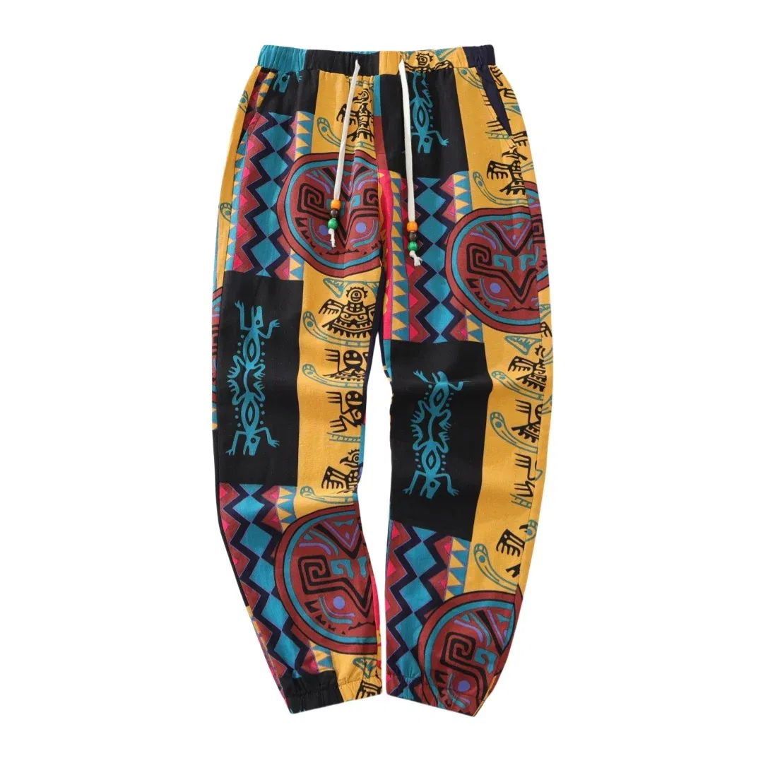 Color: SKY BLUE, Size: M - Mens Boho Tribal Print Stretch Linen Pnats Cotton Blend Drawstring LightWeight Trousers with Pockets Summer Jogger Pants