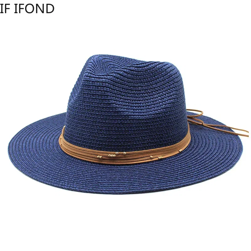 Color: Gold, Size: M - Big Size 60CM New Straw Hat 7cm Brim Summer Cooling Beach Sun Hat Outdoor Party Panama Jazz Hat Sombreros De Mujer