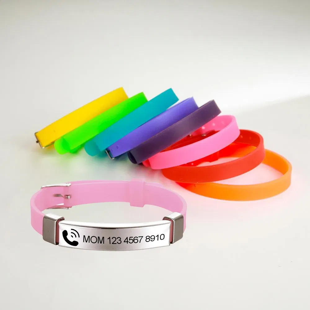 Metal Color: Dark Gold, Length: 17cm - Personalized ID Bracelet Kids Children Adjustable Soft Silicone Stainless Steel Pendant Emergency Name Phone Custom Bracelets