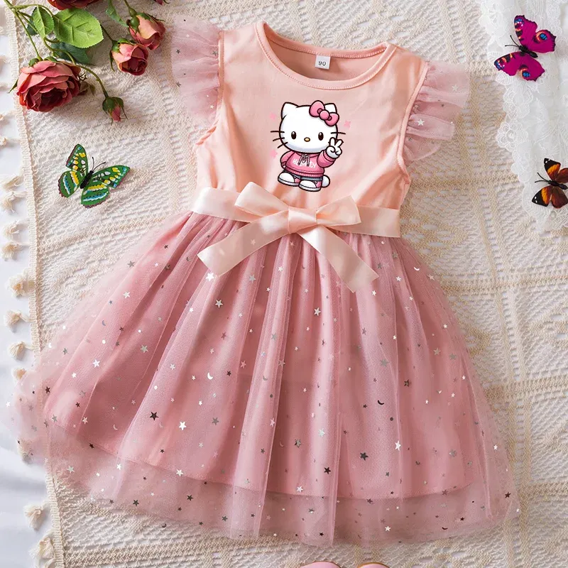 Color: WHITE, Kid Size: 5 - Hello Kitty Girls Sequin Tutu Dress with Bow Flutter Sleeves Summer Princess Party Outfit for Toddler Kids 2-6 Years