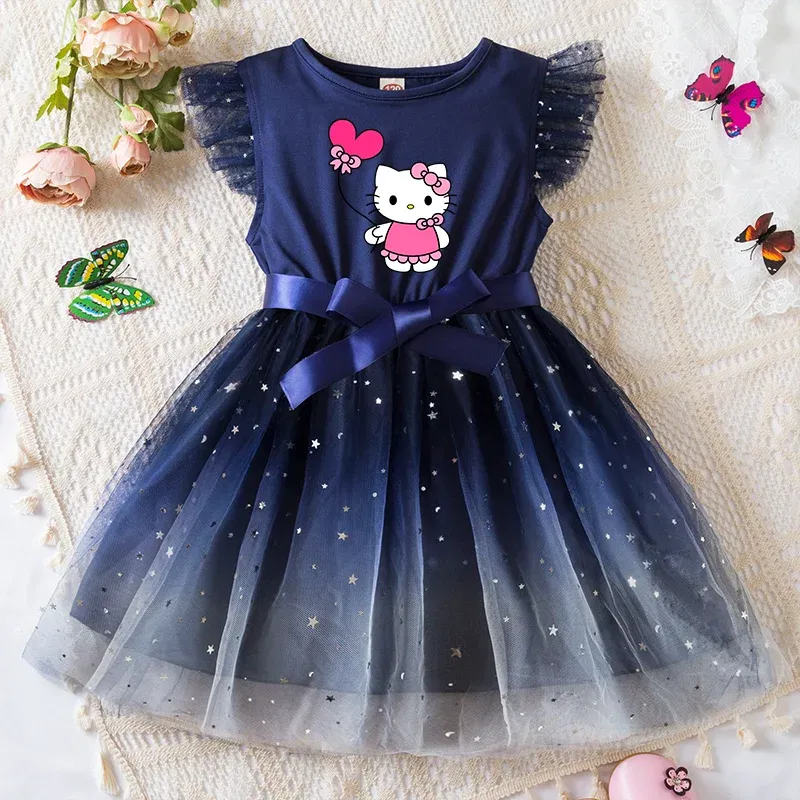 Color: WHITE, Kid Size: 5 - Hello Kitty Girls Sequin Tutu Dress with Bow Flutter Sleeves Summer Princess Party Outfit for Toddler Kids 2-6 Years