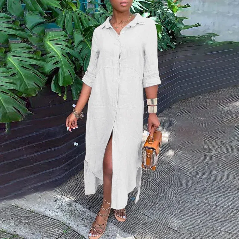 Color: WHITE, Size: XL - Long Shirt Dress Women Autumn Cotton Linen Leisure Turn Down Collar Maxi Dresses Female Elegant Loose Beach Spring Vestidos