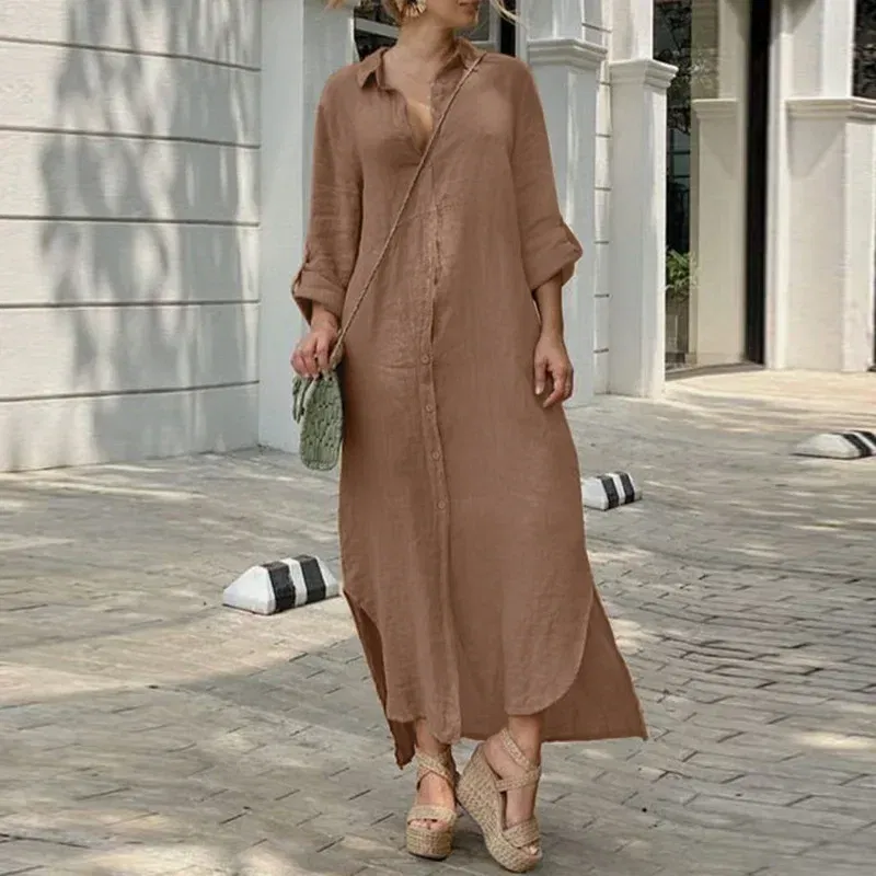 Color: WHITE, Size: XL - Long Shirt Dress Women Autumn Cotton Linen Leisure Turn Down Collar Maxi Dresses Female Elegant Loose Beach Spring Vestidos