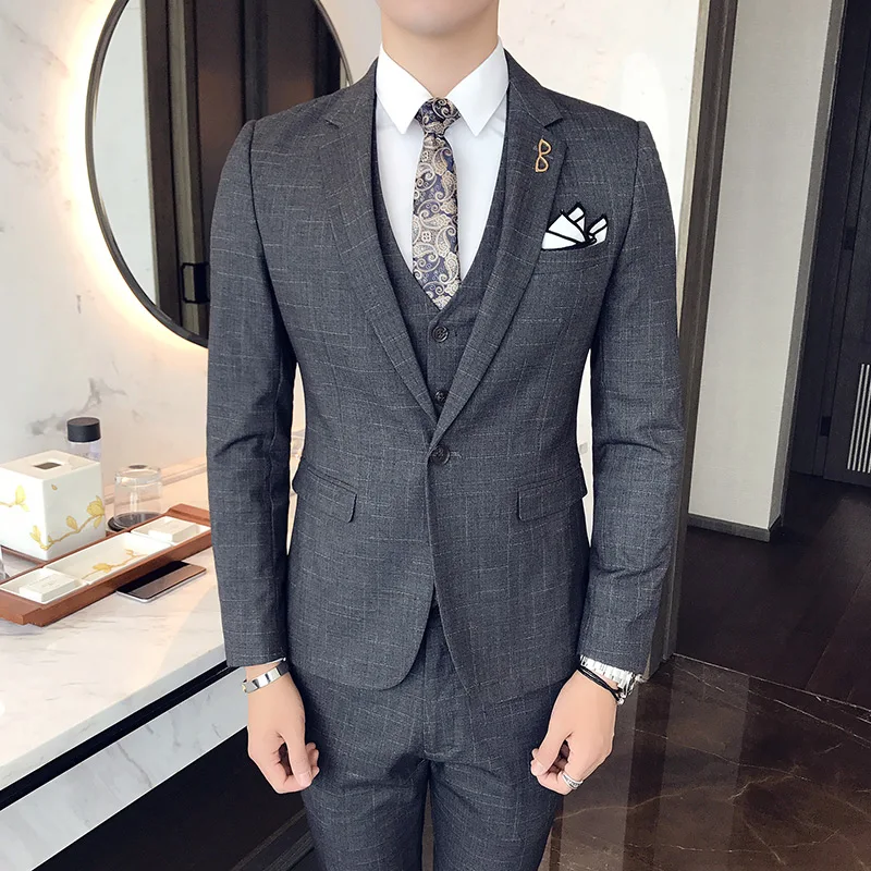 Color: Gold, Size: L - Gray Men Classic Striped/Checked Suits, Business Office 3 Piece, Asian Size Slim Fit Men Dress Jacket & Pants with Vest, S-4XL