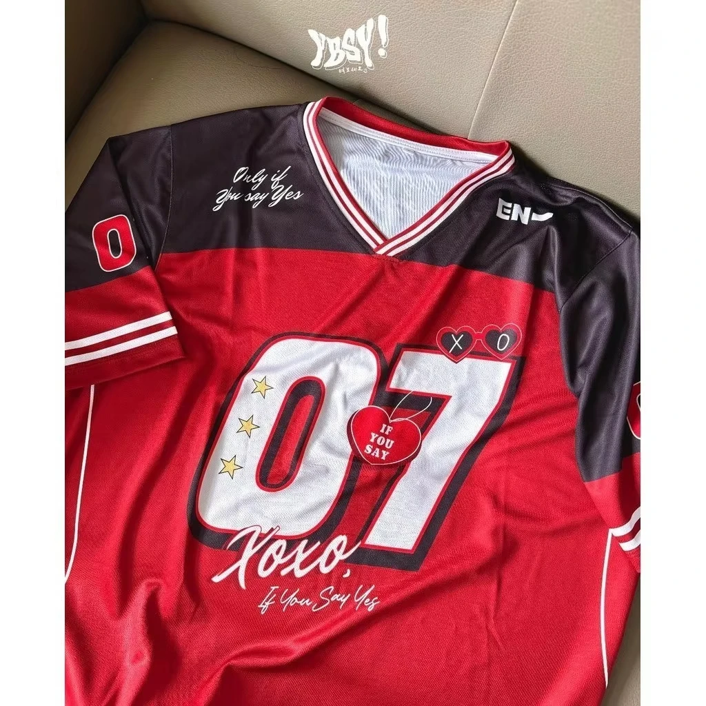 Color: Beige, Size: M - 2025 Summer New EN Special Jersey X.O Women's V-neck Loose Breathable T-shirt Street Fashion Casual Retro Y2K Hip Hop Shirt