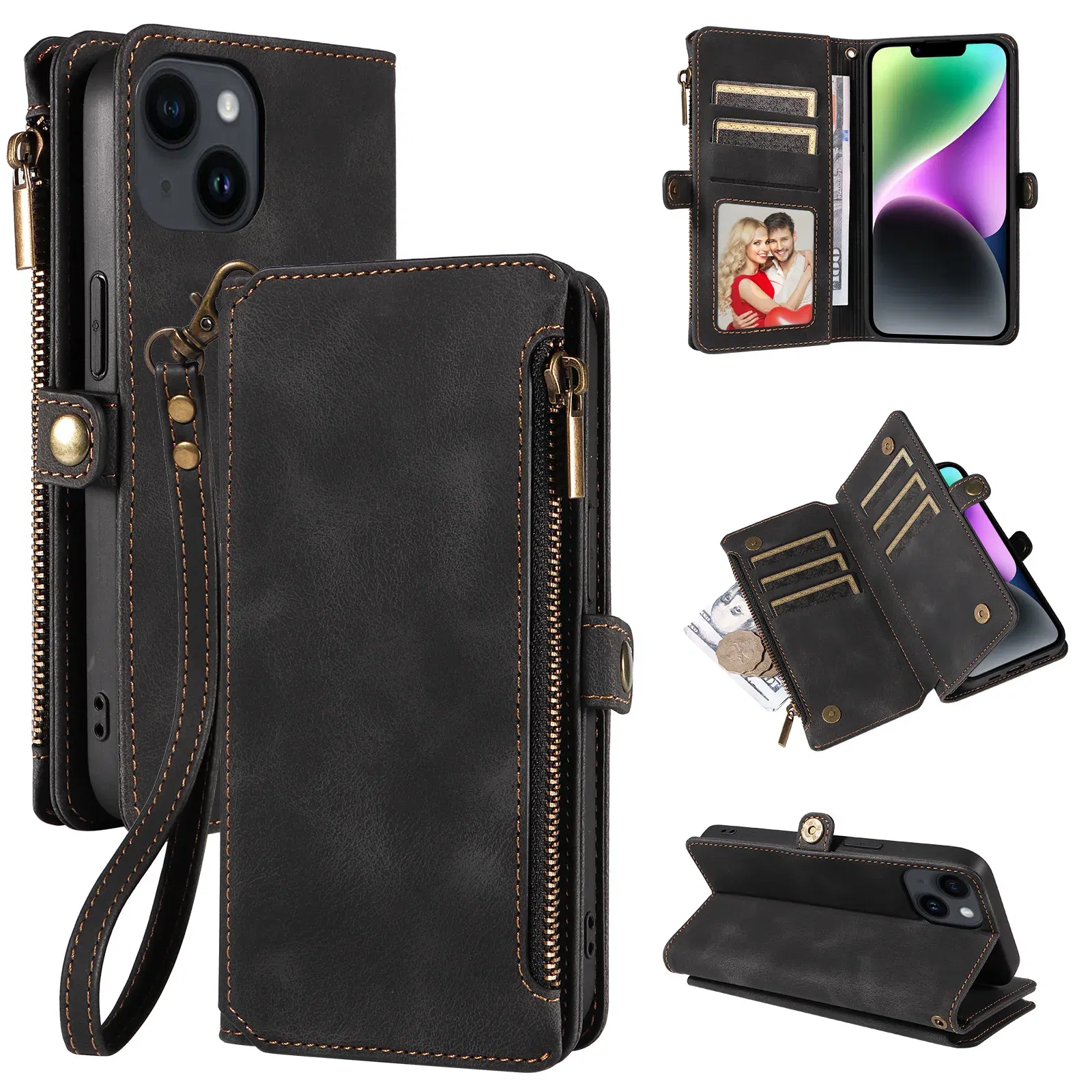 Color: Blue, Material: ABS - Zipper Multi 9 Cards Wallet Case for OPPO Reno 12 10 8 7 6 5 Pro 11F 11A 8T 6Z 5Z Retro Leather Lanyard Wrist Strap Phone Cover