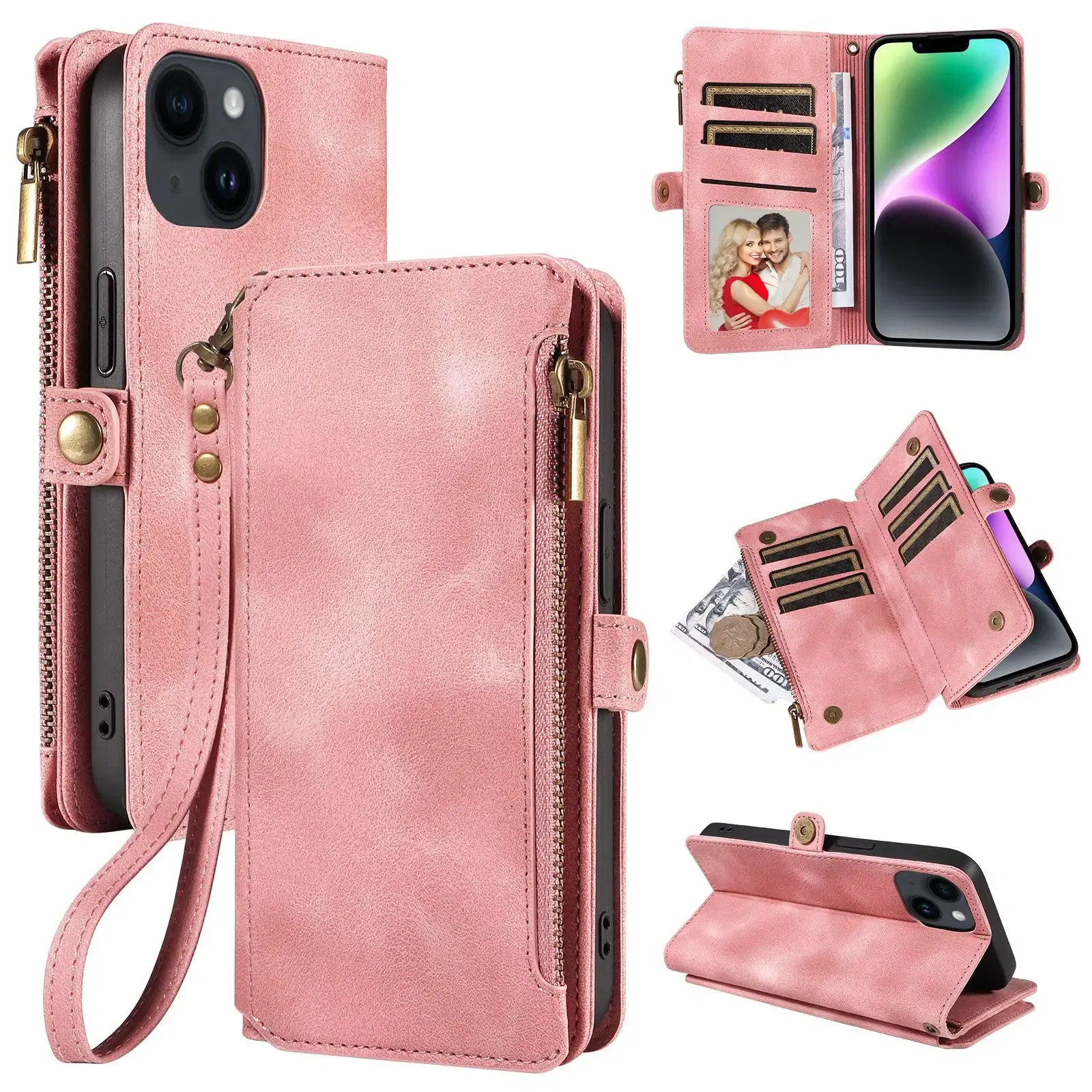 Color: Blue, Material: ABS - Zipper Multi 9 Cards Wallet Case for OPPO Reno 12 10 8 7 6 5 Pro 11F 11A 8T 6Z 5Z Retro Leather Lanyard Wrist Strap Phone Cover