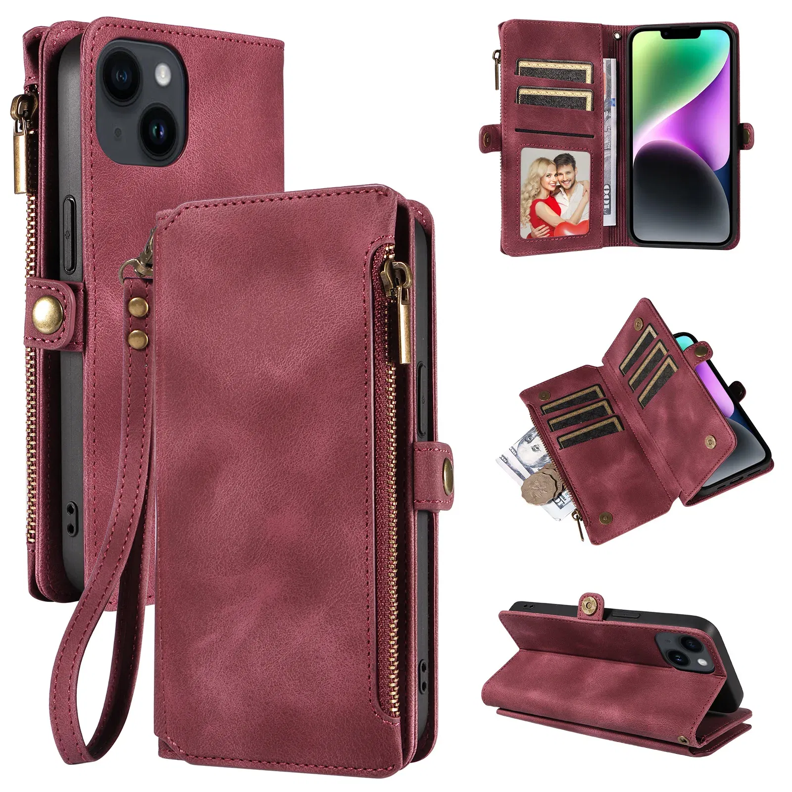 Color: Blue, Material: ABS - Zipper Multi 9 Cards Wallet Case for OPPO Reno 12 10 8 7 6 5 Pro 11F 11A 8T 6Z 5Z Retro Leather Lanyard Wrist Strap Phone Cover