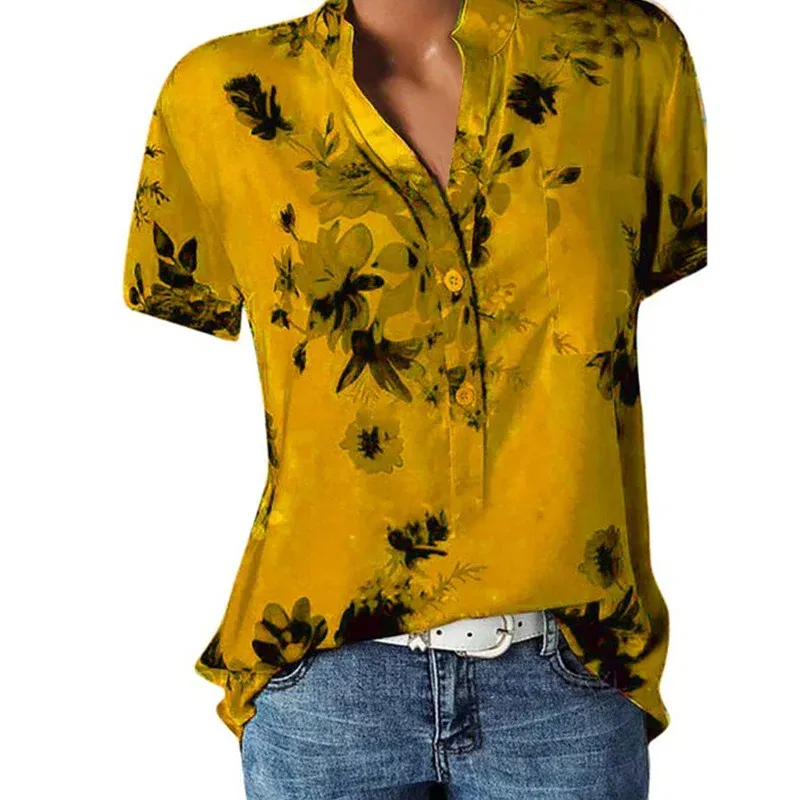 Color: Khaki, Size: XL - Temperament new women's shirt printing large size casual shirt loose V-neck short-sleeved shirt blouse