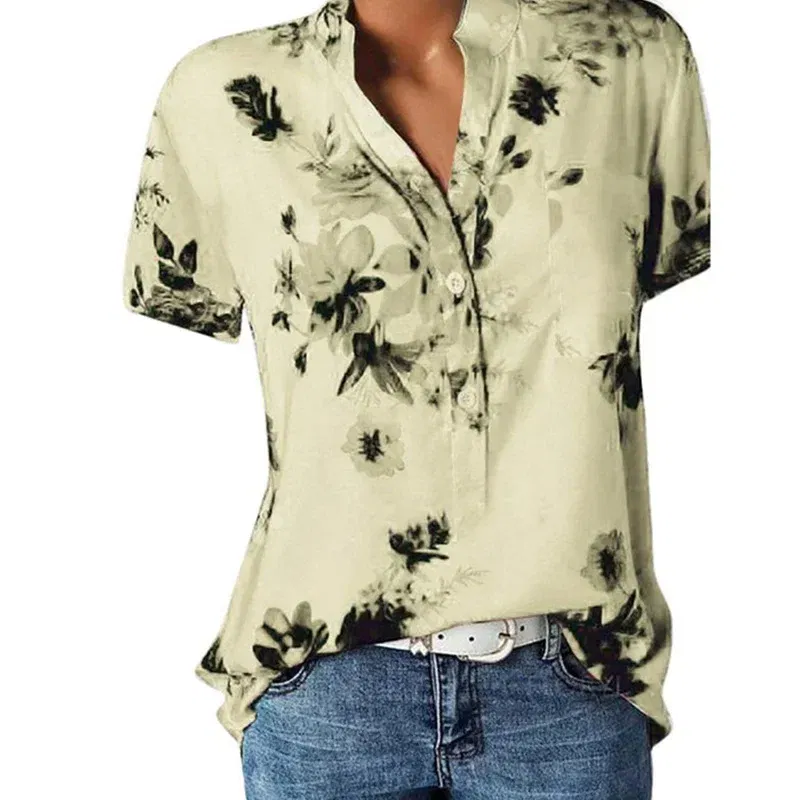 Color: Khaki, Size: XL - Temperament new women's shirt printing large size casual shirt loose V-neck short-sleeved shirt blouse