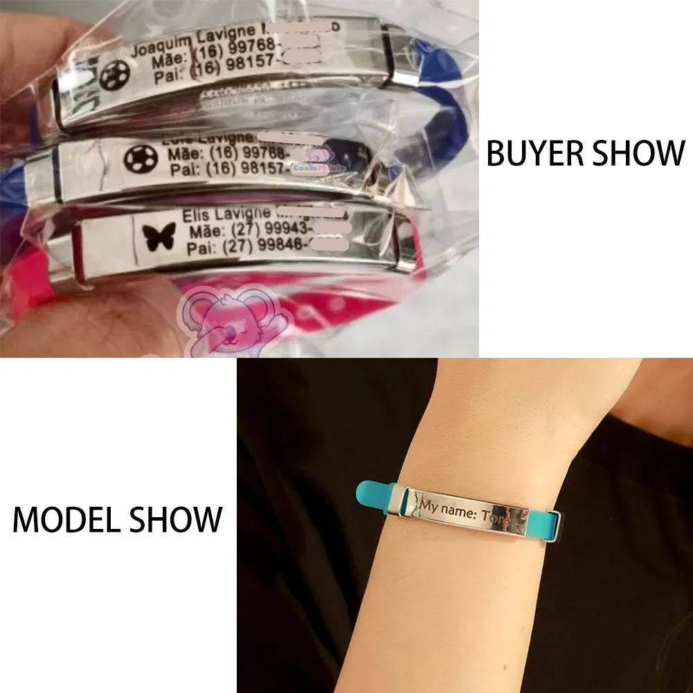 Metal Color: PURPLE, Length: 17cm - Personalized ID Bracelet Kids Children Adjustable Soft Silicone Stainless Steel Pendant Emergency Name Phone Custom Bracelets