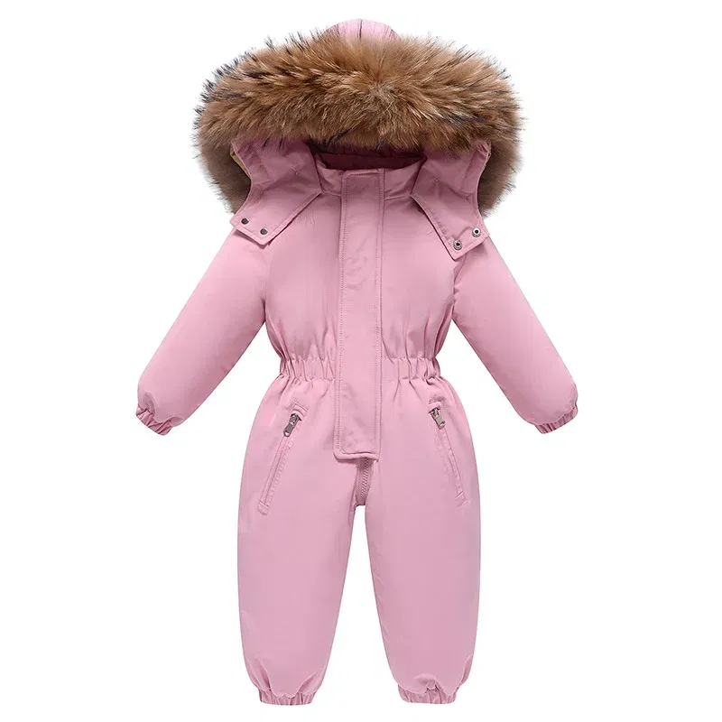 Color: Pink, Kid Size: 12M - 2024 New Cute Simple Children's One-piece Down Jacket 1-6 Years Old Outdoor Skiwear Jacket Crawling Suit Boys Girls Onesie