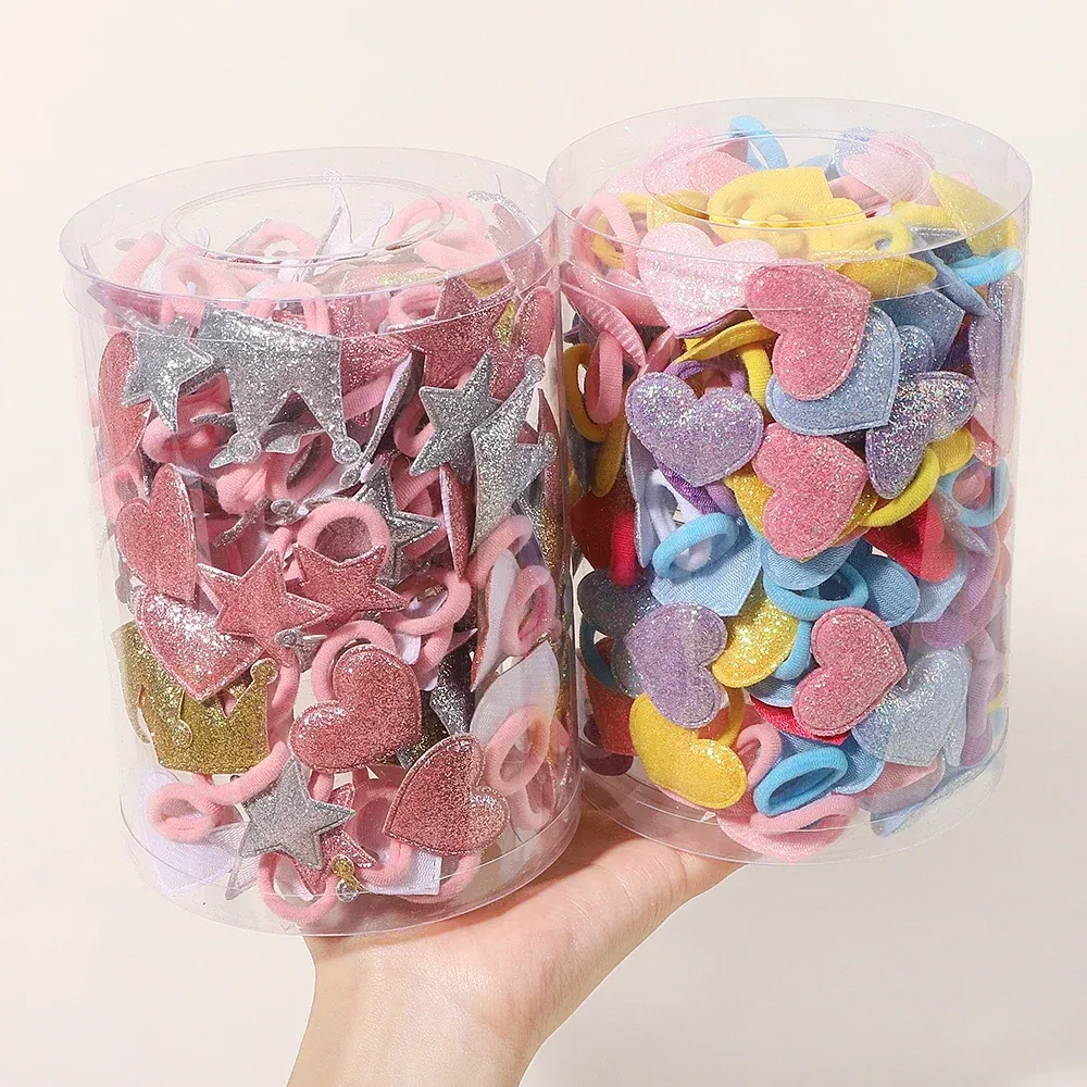 Color: khaki - 10pcs Love Star Kids Hair Loop No Harm Hair Towel Loop Head Rope Cartoon Ponytail Holder Rubber Band Girls Hair Accessories