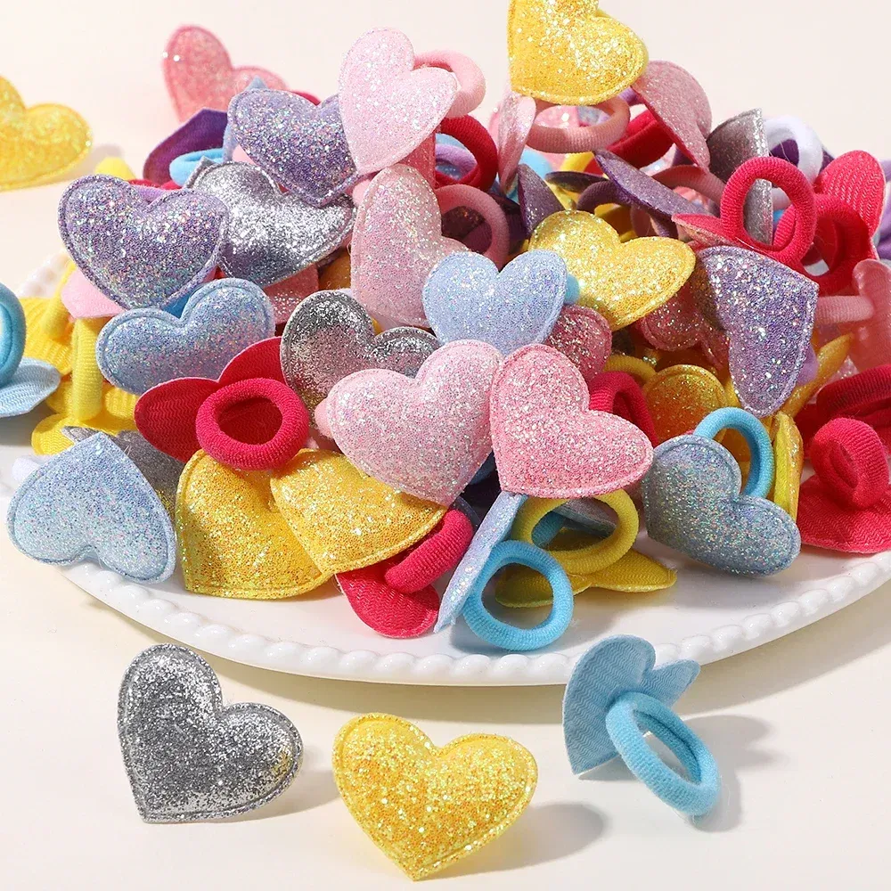 Color: khaki - 10pcs Love Star Kids Hair Loop No Harm Hair Towel Loop Head Rope Cartoon Ponytail Holder Rubber Band Girls Hair Accessories