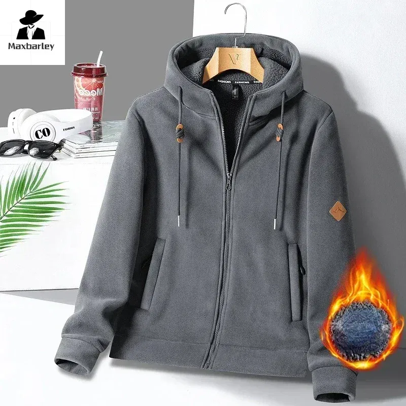 Color: Beige, Size: M - Winter Warm Cashmere Jacket Mens High-end Ski Fleece Iined Thickened Hoodie Coat Casual Womens Outdoor Camping Cold-proof Jacket