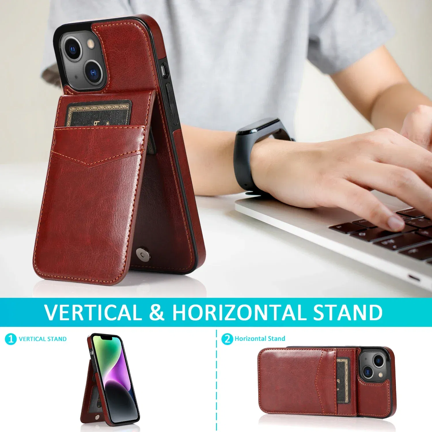 Color: Blue, Material: Genuine Leather - Faux Leather Wallet Kickstand Phone Case for IPhone 13 12 Mini 16E 16 15 14 11 Pro Max X XR XS 7 8 Plus Case with Credit Card