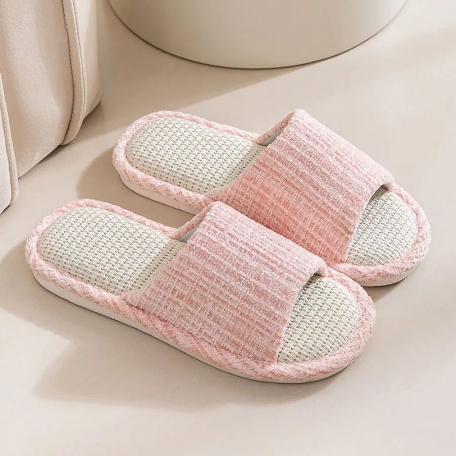 Color: Burgandy, Shoe Size: 44-45 - 2024 New Women's Fashion Home Linen Couple Slippers Breathable Home Shoes Moisture Absorbing Anti slip Cotton Linen Slippers