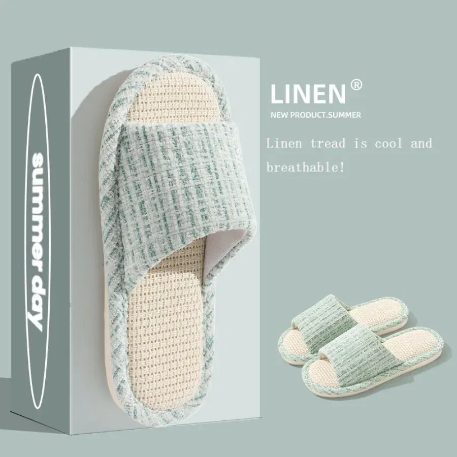 Color: Burgandy, Shoe Size: 44-45 - 2024 New Women's Fashion Home Linen Couple Slippers Breathable Home Shoes Moisture Absorbing Anti slip Cotton Linen Slippers