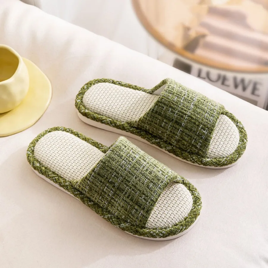 Color: Burgandy, Shoe Size: 44-45 - 2024 New Women's Fashion Home Linen Couple Slippers Breathable Home Shoes Moisture Absorbing Anti slip Cotton Linen Slippers