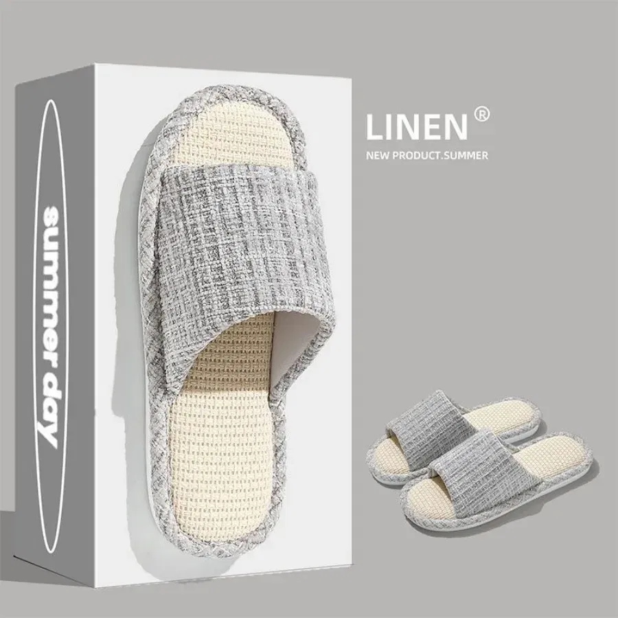 Color: Burgandy, Shoe Size: 44-45 - 2024 New Women's Fashion Home Linen Couple Slippers Breathable Home Shoes Moisture Absorbing Anti slip Cotton Linen Slippers