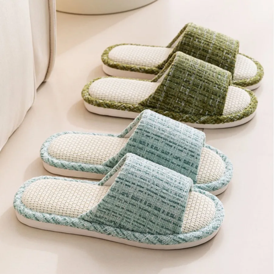 Color: Burgandy, Shoe Size: 44-45 - 2024 New Women's Fashion Home Linen Couple Slippers Breathable Home Shoes Moisture Absorbing Anti slip Cotton Linen Slippers