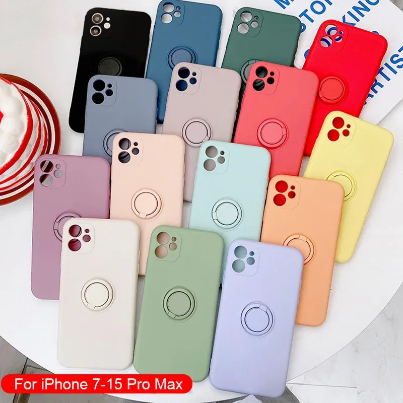 Material: ABS, Color: Brown, Ships From: CN - With Ring Holder Shockproof Case For IPhone 15 14 13 12 11 Pro Xs Max Xr SE2/SE3 8 7 Plus Silicone TPU Soft Back Cover